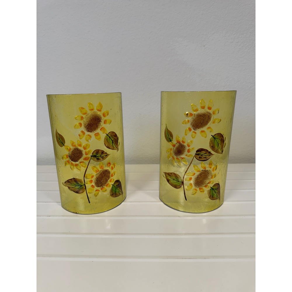 Hand Painted Sunflower Curved Glass Hurricane Panels Yellow Fall Decor Set of 2